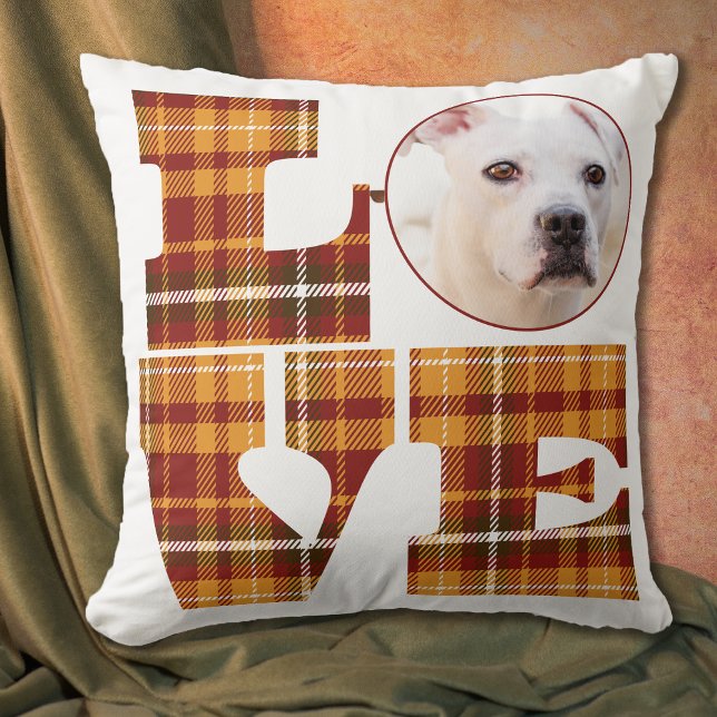 Coussin Chaud Orange Rouge Brown Plaid Amour Dire Photo (Orange Red Brown Plaid Love Saying Photo Pillow with Pet or Family Member Photo)