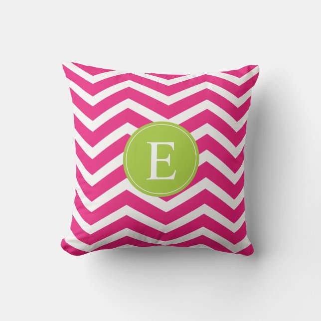 Coussin Chaud rose blanc Chevron vert Monogramme (Recto)