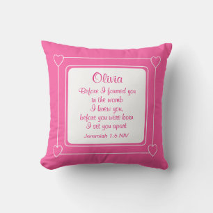 Coussin Chaud rose et blanc Nom personnalisé Bible Verse s