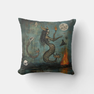 Coussin Chauve-sirène à cornes Lune Occult Dark Witchk AI