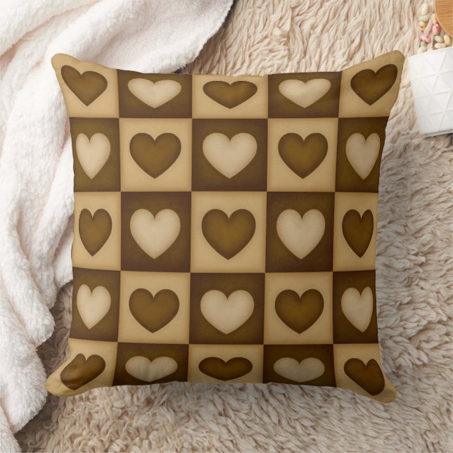 Coussin Checkered Hearts in Brown Toffee (Couverture)