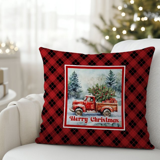 Coussin Cheerful red truck Christmas scene rustic bold  (Cheerful red truck Christmas scene rustic bold pillow joy

)