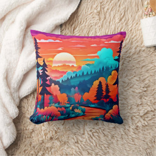 Coussin Chemin du coucher du soleil à travers la forêt d'a