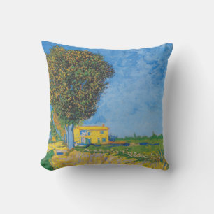 Coussin Chemin ensoleillé vibrant & Maison jaune de Van Go