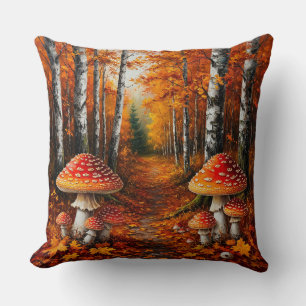 Coussin Chemin forestier d'automne entouré de bouleaux