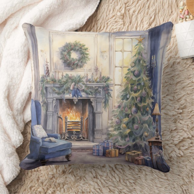 Coussin Cheminée de Noël Salon Arbre Bleu (Couverture)