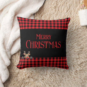 Coussin Chèque de bison rouge noir avec rennes rampants