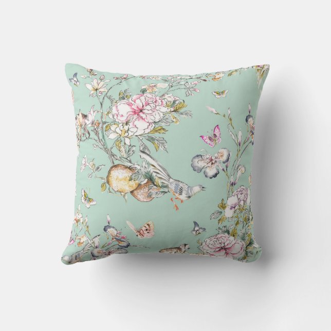 Coussin Cherry Blossom Chinoiserie sur Aqua Arrière - plan (Verso)
