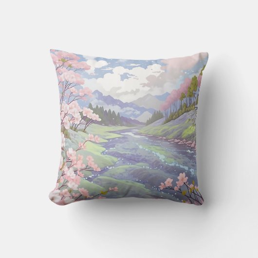 Coussin Cherry Blossoms Pastel Aquarelle Paysage (Recto)