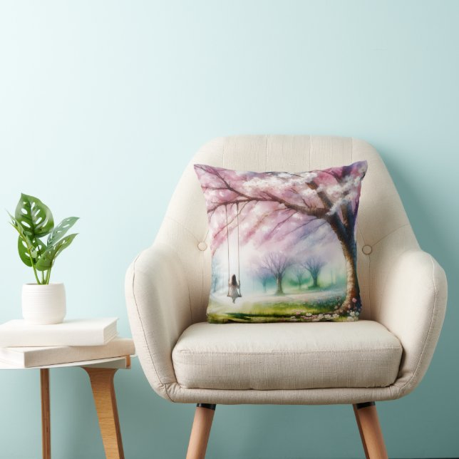 Coussin Cherry Tree avec une fille sur une aile (Chaise)