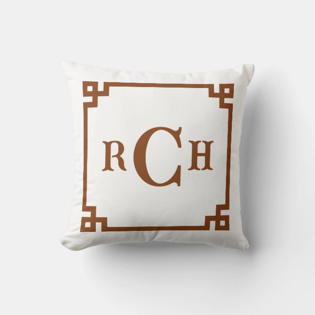 Coussin Chestnut Brown Chinoiserie Grec Monogramme clé (Recto)