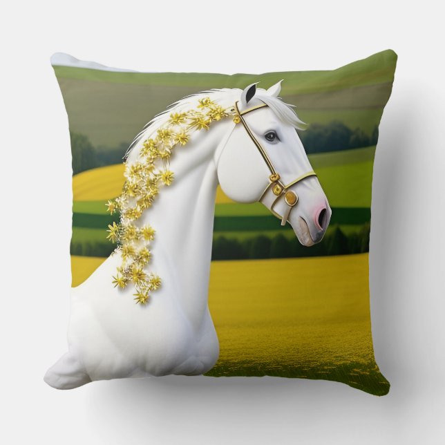 Coussin Cheval Blanc Avec Guirlande Florale (Recto)