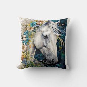 Coussin Cheval blanc fantaisie décoré de fleurs