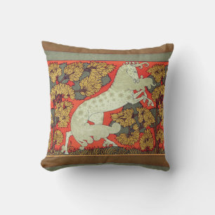Coussin CHEVAL BLANC RAMPANT, ARBRES EN BOIS Art Nouveau