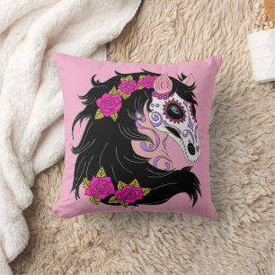 Coussin Cheval Crâne Sucre Avec Roses Rose