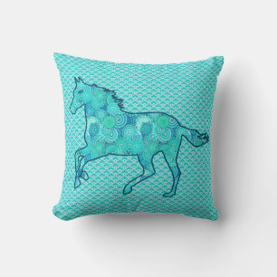Coussin Cheval de course Silhouette, Turquoise et Aqua