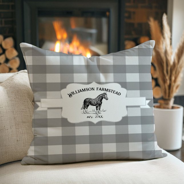 Coussin Cheval De Ferme Plaid De Buffle Gris (Gray Buffalo Plaid Farm Horse Throw Pillow)