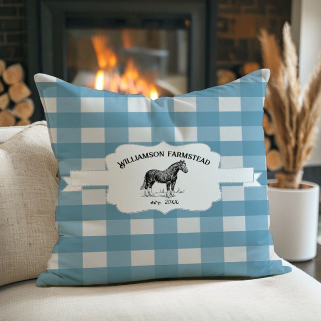 Coussin Cheval de la ferme Plaid Buffalo bleu (Blue Buffalo Plaid Farm Horse Throw Pillow)