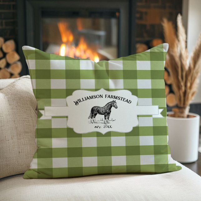 Coussin Cheval de la ferme Plaid Buffalo Vert (Green Buffalo Plaid Farm Horse Throw Pillow)