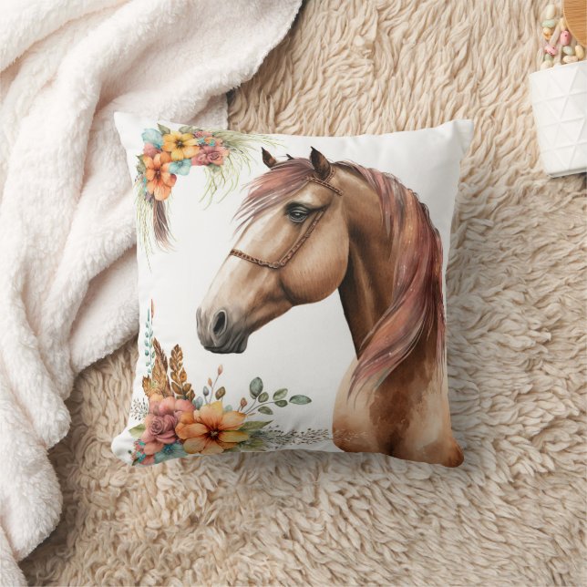 Coussin Cheval de l'aquarelle avec fleurs de chute florale (Couverture)