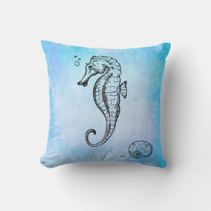 Coussin Cheval de mer et coquillage sur l'aquarelle bleue