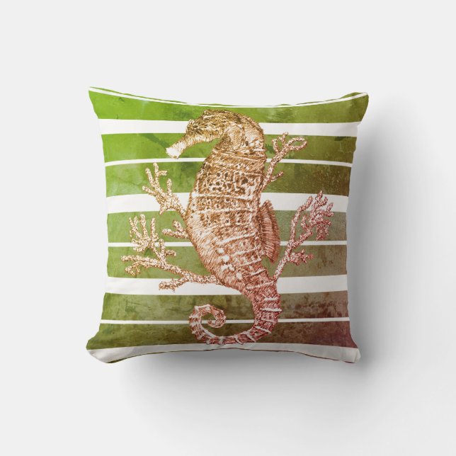 Coussin Cheval de mer et corail rayé vert (Recto)