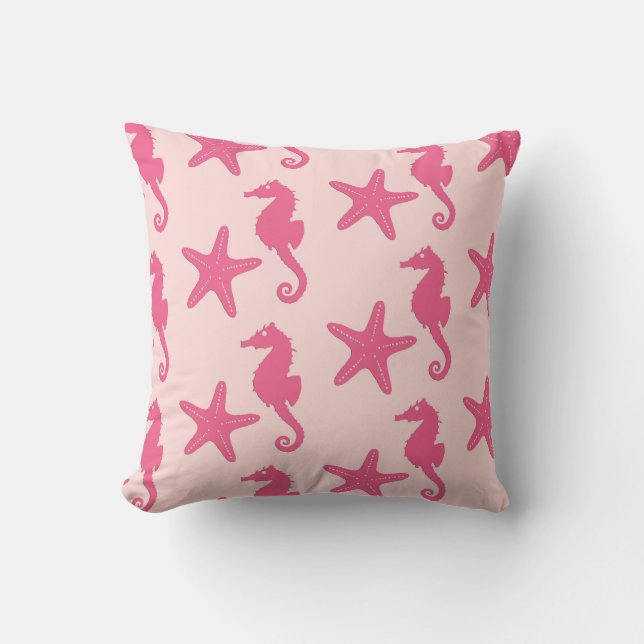 Coussin Cheval de mer et étoile de mer - corail rose (Recto)