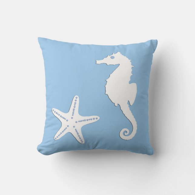 Coussin Cheval de mer et poisson d'eau - blanc sur bleu pâ (Recto)
