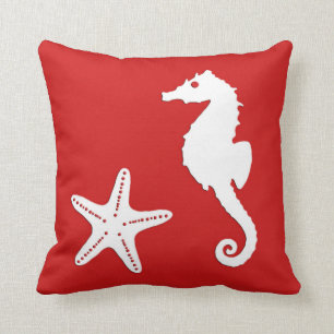 Coussin Cheval de mer et poisson d'eau - corail noir rouge