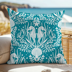 Coussin Cheval de mer Turquoise Bleu Blanc Océan Été