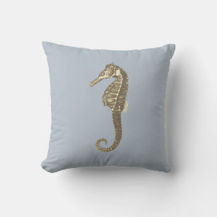 Coussin Cheval de mer Vintage et beige sur bleu doux