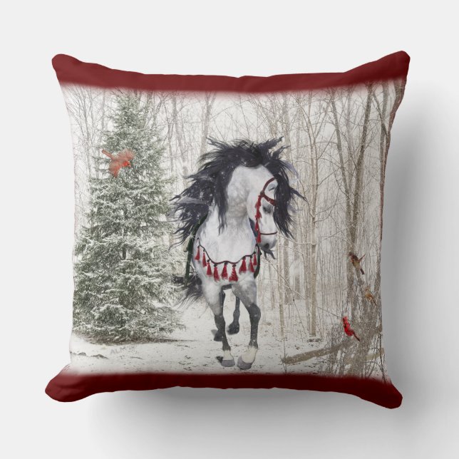 Coussin Cheval de neige et cardinaux lancent l'oreiller (Recto)