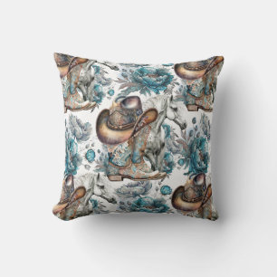 Coussin Cheval fille cowgirl motif floral turquoise