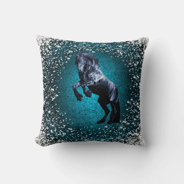 Coussin Cheval friésien, étalon noir, neige, bleu (Recto)