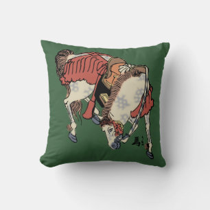 Coussin Cheval japonais vintage sur fond vert chasseur