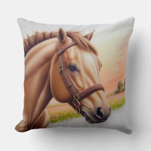 Coussin Cheval majestueux debout dans une prairie vibrante