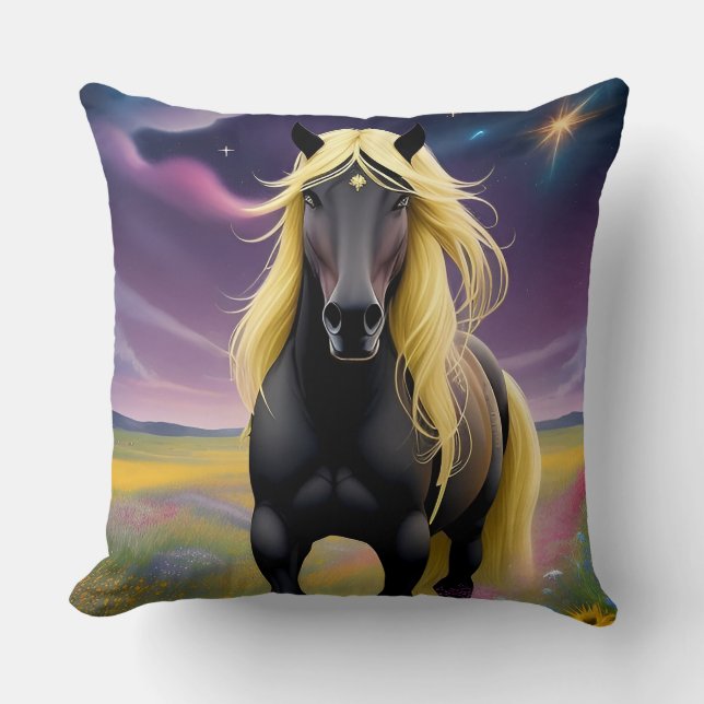 Coussin Cheval noir majestueux avec Mane doré (Recto)
