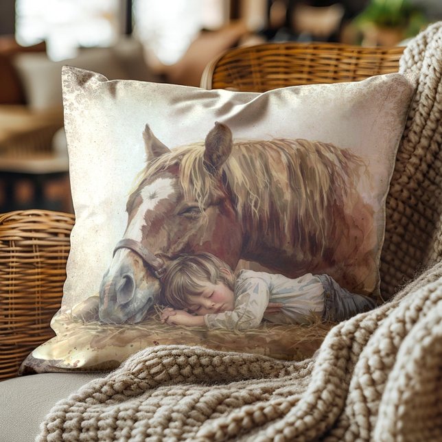 Coussin Cheval rustique enfant dormant ferme de campagne  (Sleeping horse and child pillow)