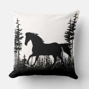 Coussin Cheval sauvage noir et blanc Bois Forêt de pins