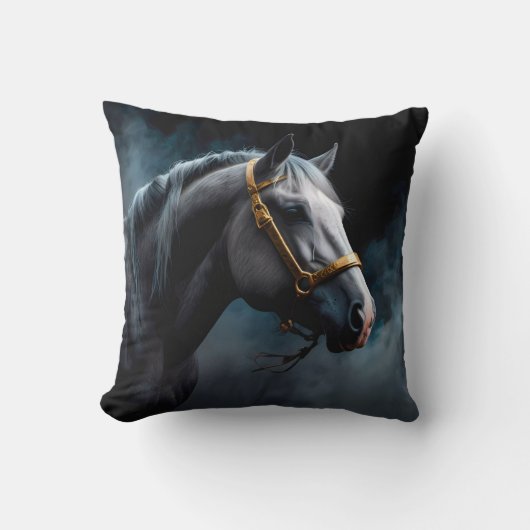 Coussin Cheval sur fond noir avec teintes bleues (Recto)