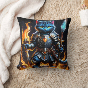 Coussin Chevalier félin brave dans un Imaginaire de feu