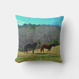 Coussin Chevaux brun foncé et brun clair disent ciel