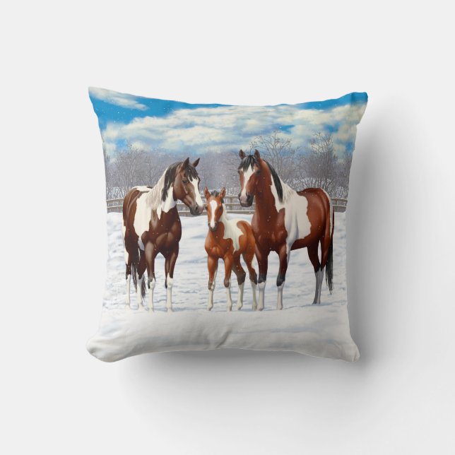 Coussin Chevaux De Peinture De Baie Pinto En Neige D'Hiver (Recto)