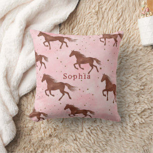 Coussin Chevaux Fleuris Rose Brun Féminin
