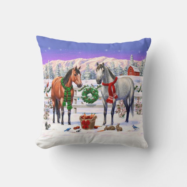Coussin Chevaux gris baie et pomme dans la ferme de Noël d (Recto)