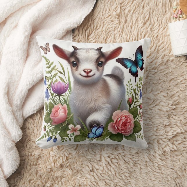 Coussin Chèvre de bébé avec papillons colorés et fleurs (Couverture)