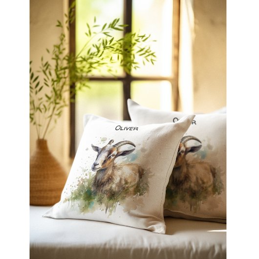 Coussin Chèvre de Ferme à l'aquarelle, sur mesure