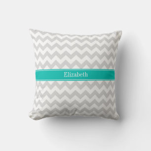 Coussin Chevron Blanc Gris Sarcelle Monogramme de Nom
