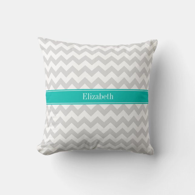 Coussin Chevron Blanc Gris Sarcelle Monogramme de Nom (Recto)
