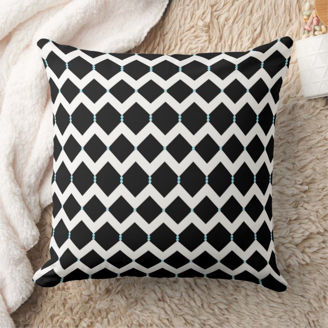 Coussin Chevron blancs sur fond noir avec pois bleus (Couverture)